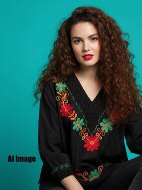 Royal Moda Black Cotton Embroidered Peasant Blouse Size XL Boho